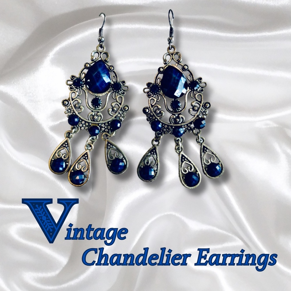 Vintage Earrings Bohemian Blue Teardrop Chandelier